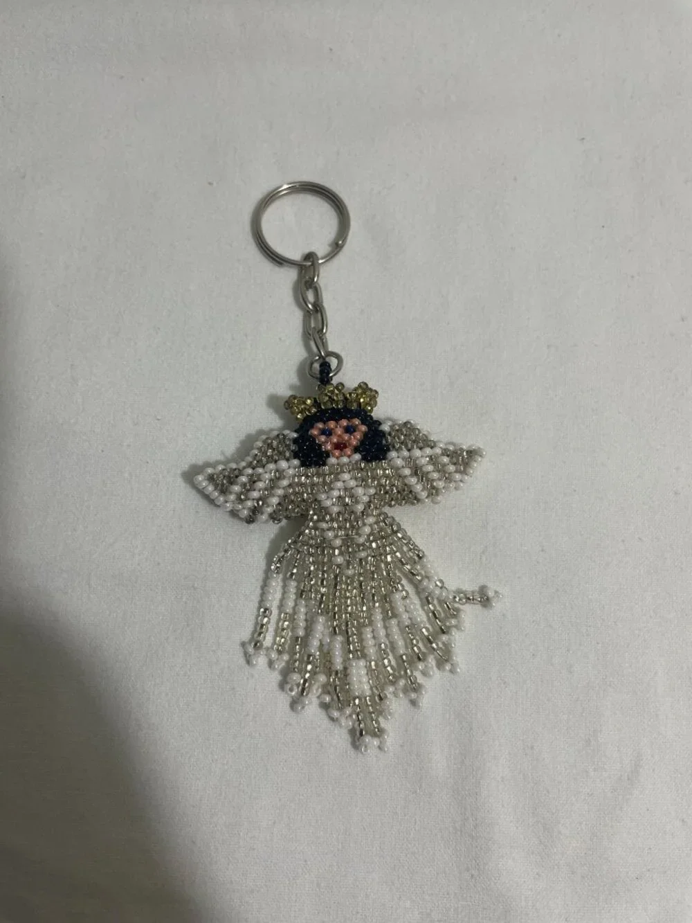 Handmade Beaded Angel Keychain White Silver Guardian Angel Charm Key Ring